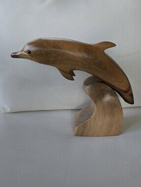 Ernie's Myrtlewood Signed Carved Wood Dolphin Minimalist Mid Century Nautical